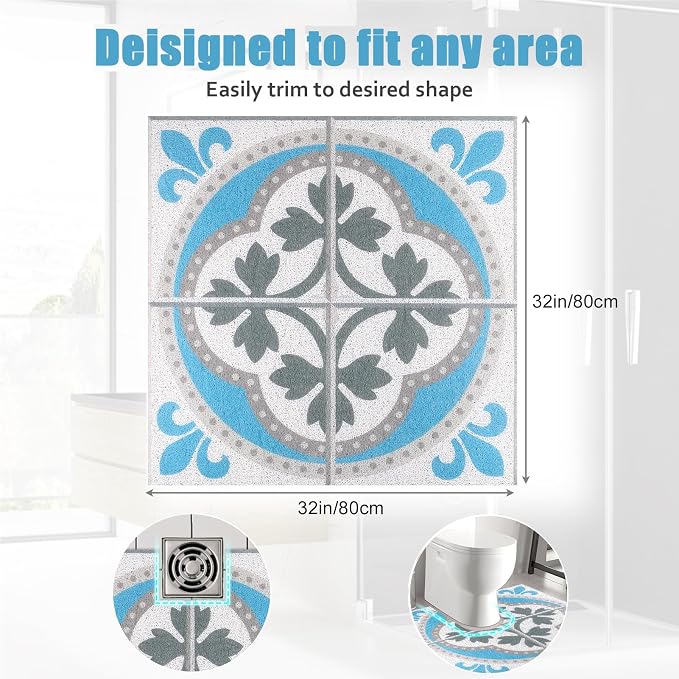 Square Shower Mat 32x32 Inch Non Slip Bath Mat for Inside Shower Loofah Shower Mat for Elderly Soft Textured Foot Massage Pad Bathroom Floor Mat for Wet Area, Without Suction Cups, Quick Drying