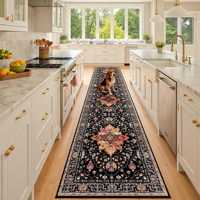 RELEANY Area Rugs Runner 2'6"x10' Washable Non-Slip, Floral Vintage Distress Medallion Carpet for Kitchen Hallway Bedroom Beside Laundry Room Bathroom, Black Colorful Floral Dark Tan