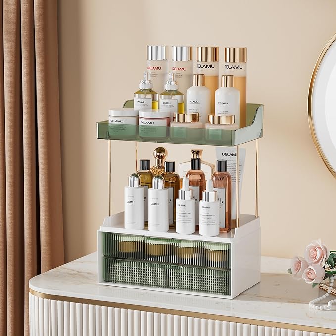Delamu Bathroom Organizers and Storage, 2 Tier 2 Drawer Makeup Organizer Countertop, Easy to Install, Ideal for Bathroom Counter, Vanity, Ideal for Women Girls, Green