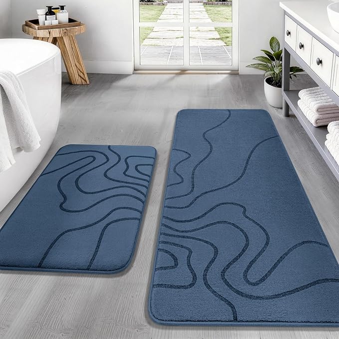 YIHOUSE Memory Foam Bathroom Rugs Sets 2 Piece - Extra Thick Ultra Soft Absorbent Bath Mat Set, Non-Slip Machine Washable Bath Rugs for Bathroom, Tub & Shower, Home Decor (17"x24"+20"x46", Dusty Blue)
