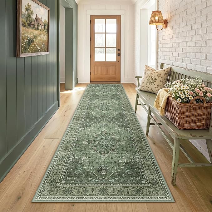 RELEANY Area Rugs Runner 3'x9' Washable Non-Slip, Floral Vintage Distress Medallion Carpet for Kitchen Hallway Bedroom Beside Laundry Room Bathroom, Dark Green Gray