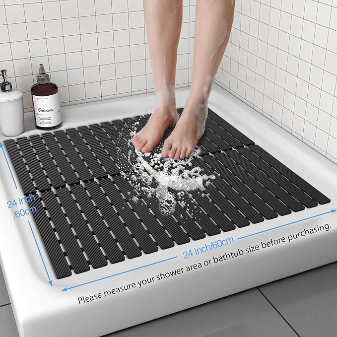 Shower Mat Non-Slip Bath Mat for Tub and Shower Stall,236 Suction Cups with Drain Holes, Quick Dry Machine Washable, Extra Grip for Stand Up Showers, Bathroom Essentials 24x24 Inch(Black)