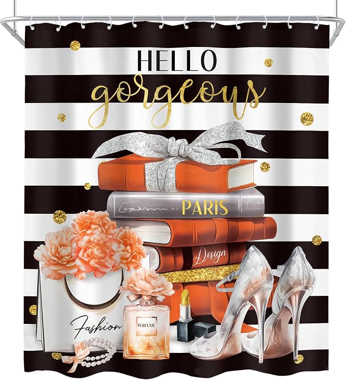 4Pcs Black and Orange Shower Curtain Set, Burnt Orange Fashion Flower Perfume High Heels Books Bathroom Curtain with Rug, Toilet Lid Cover, Bath Mat, Women Girl Shower Curtain with 12 Hooks