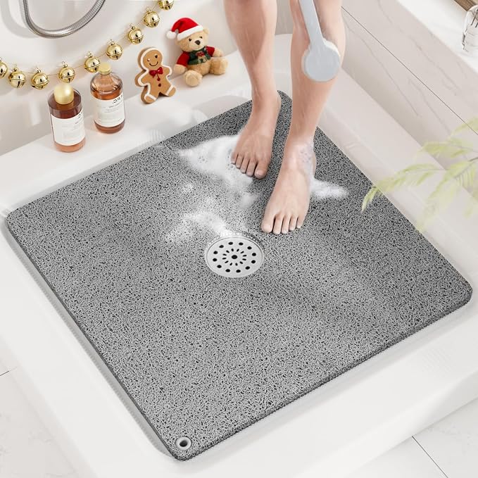 HITSLAM Shower Mat, 24x24 Inch Square Non Slip Bathtub Mat, Soft PVC Loofah Bath Mat for Tub with Hanging Holes, Quick Drying Shower Floor Mat, Without Suction Cups, Grey