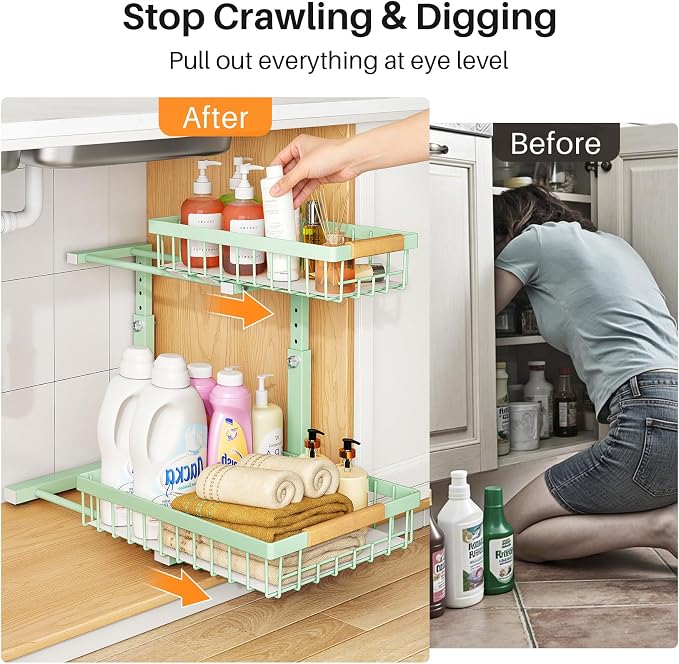 PXRACK Under Sink Organizer, Adjustable Height, 2 Tier Pull Out Under Cabinet Organizer, Slide Out Thickened Metal Under Sink Storage for Kitchen Bathroom Laundry Pantry Cabinet, Green, Large-1-Pack