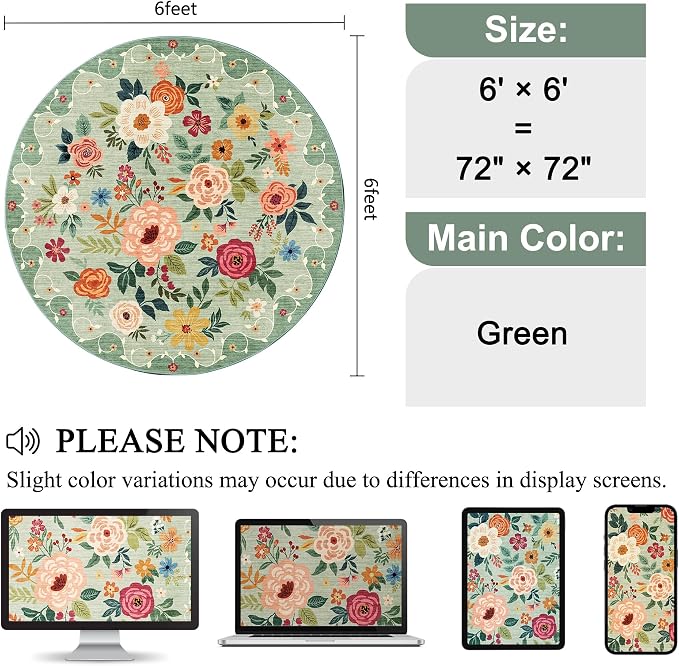 DUKINO Floral Round Rug, 6ft Washable Circle Rug, Non Slip Indoor Low Pile Circle Rug, Soft Small Boho Design Carpet for Bedroom, Entryway, Living Room, Dining Room, Green