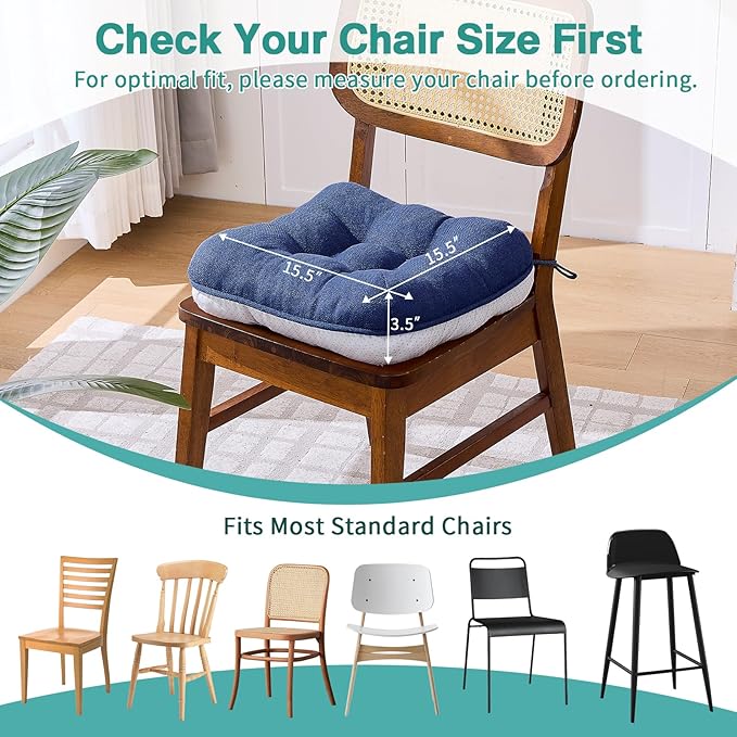 BETU Chair Cushions for Dining Chairs Set of 4,3.5" Thick Outdoor Indoor Chair Pads with Ties,Non Slip Backing and Covers, Seat Cushion for Kitchen Dining,Bar,Patio Furniture15.5"X15.5"X3.5",Navy Blue