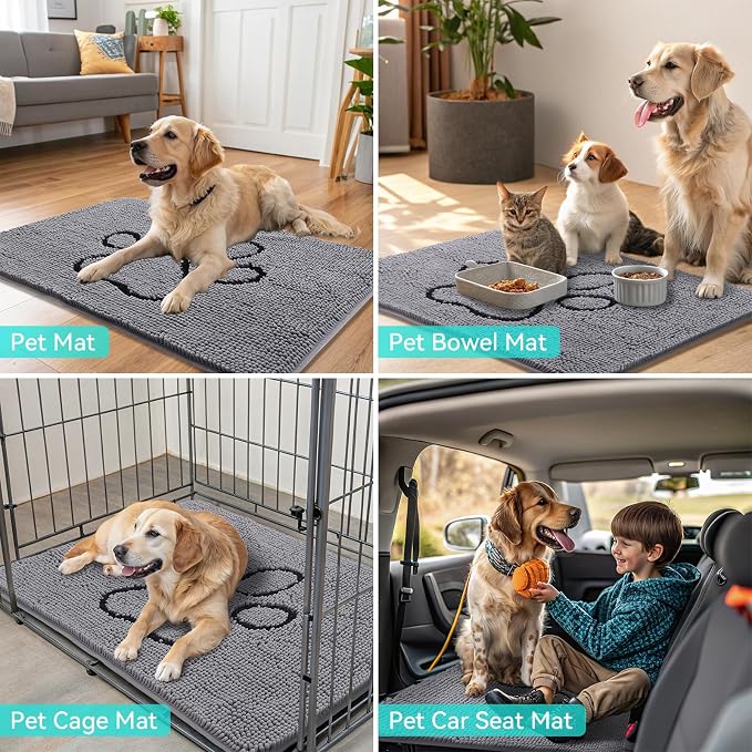 Smiry Dog Door Mat for Muddy Paws, Absorbent Dirt Trapper Non Slip Quick Dry Washable Chenille Mat for Mud Dogs, Entry Rug for Indoor and Outdoor (59x20 Inches, Grey and Black)