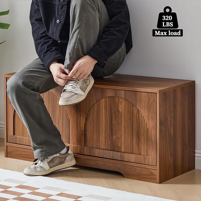 BERRYMERRY 39.4" Fluted Shoe Storage Bench for Entryway,2 Tier Shoe Cabinet Bench with Adjustable Shelf,Bench for Bedroom End of Bed (Walnut, 13.8”D x 39.4”W x 18.5”H)