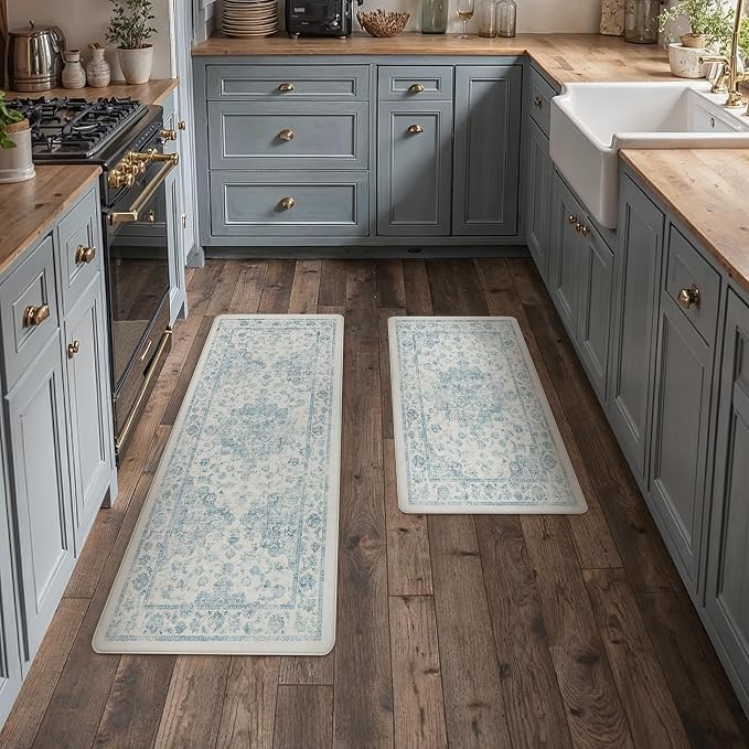 Anti Fatigue Kitchen Mats 2PCS Blue Neutral Mats for Cushioned Vintage Kitchen Matss for Floor Non-Slip Waterproof Comfort Standing Rug for Sink Laundry Office 17.3"×47"+17.3"×30"