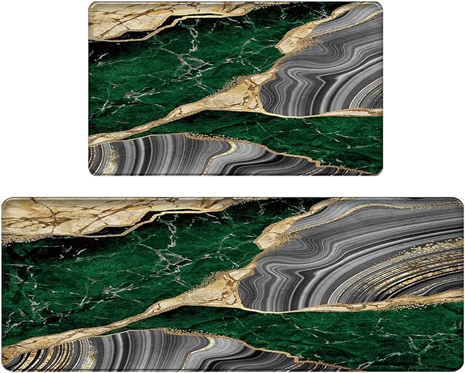 Bulijojo Green Ink Abstract Marble Anti Fatigue Kitchen Floor Mats Set of 2 Waterproof Kitchen Sink Runner Rug Standing Mat Cushioned Kitchen Rugs Comfort Doormat 17"x47"+17" x30“