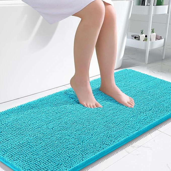 OLANLY Bathroom Runner Rugs 47x24, Soft Absorbent Chenille Bath Rugs, Rubber Backing Quick Dry, Machine Washable Long Bath Mats for Bathroom Floor, Tub and Shower, Home Decor Accessories, Aqua Sky