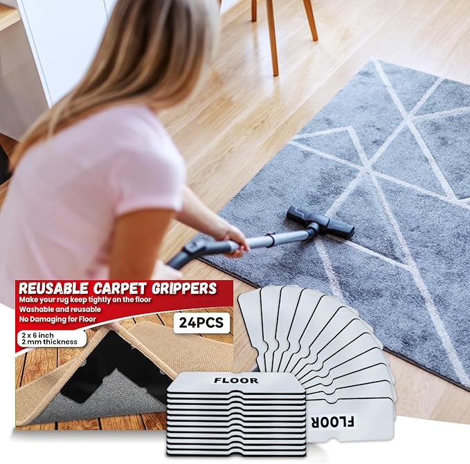Rug Carpet Non Slip Grippers, Reusable Rug Tape, No Damaging for Hardwood Floors and Tiles, Carpet Grippers Stickers Pads for Area Rugs Corners Flat, 24Pcs