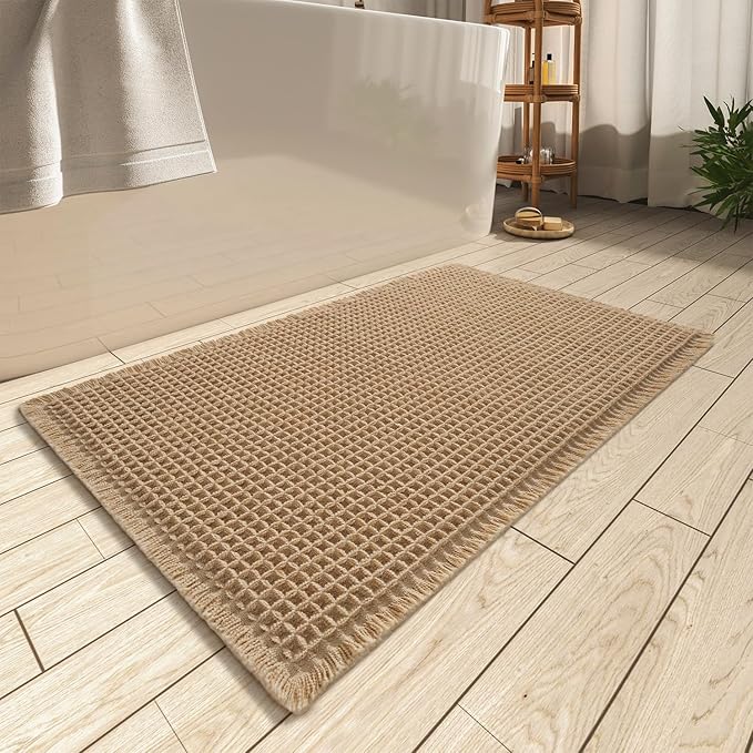 AMOAMI Upgraded Waffle Bath Mat, Super Absorbent Non Slip Bath Mats for Bathroom Floor, Washable Bathroom Rugs with Tassels, Rubber Backed Bathroom Mats, Ultra Soft, 20" x 32", Brown
