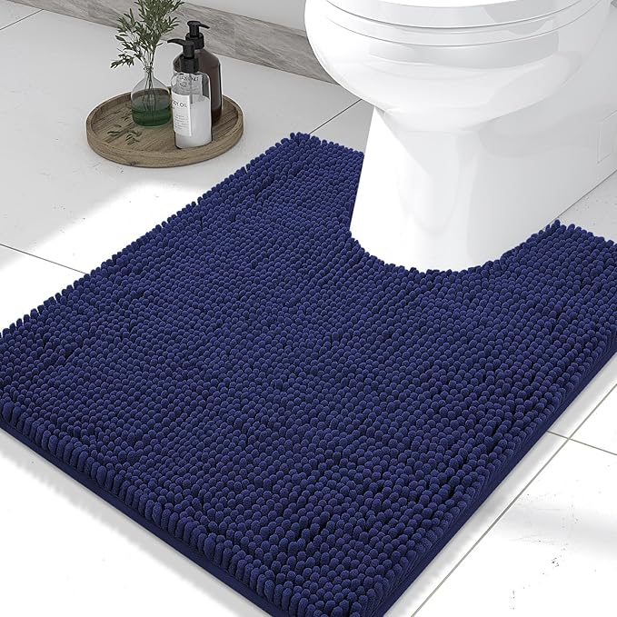 Smiry Luxury Chenille Toilet Rugs U-Shaped 24x20, Soft Absorbent Non-Slip Contour Bathroom Rugs for Toilet, Machine Washable Contoured Bath Mats, Navy Blue