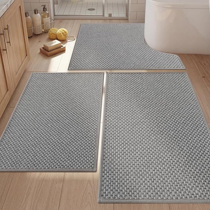 YIHOUSE Thin Bath Mat Grey Bathroom Rugs Sets 3 Pieces, Non Slip Absorbent Bath Mats Quick Dry, Woven Braided Rugs Washable, Rubber Tapetes para Baño for Bathroom Toliet,Bathtub