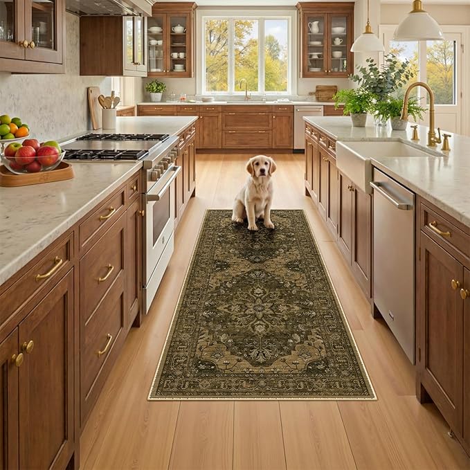 RELEANY Area Rugs Runner 2'x6' Washable Non-Slip, Floral Vintage Distress Medallion Carpet for Kitchen Hallway Bedroom Beside Laundry Room Bathroom, Brown Dark Brown