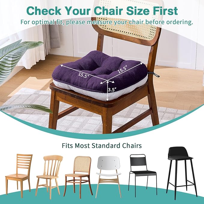 BETU Chair Cushions for Dining Chairs Set of 6,3.5" Thick Kitchen Table Chair Pads with Ties,Non Slip Backing and Covers, Seat Cushion for Dining Room,Bar,Patio Chairs,15.5"X15.5"X3.5",Dark Purple