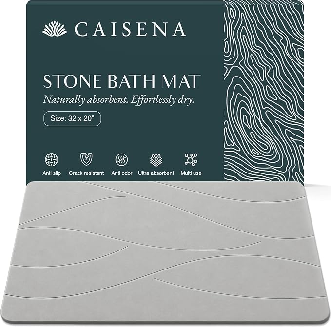 Extra Large Stone Bath Mat 32 x 20 Inch | Quick Dry Diatomaceous Earth Bath Mat | Includes Anti Slip Pad & Restoration Kit - A Quick Dry Bath Mat & Cleaner Alternative to Fabric | Light Gray XL