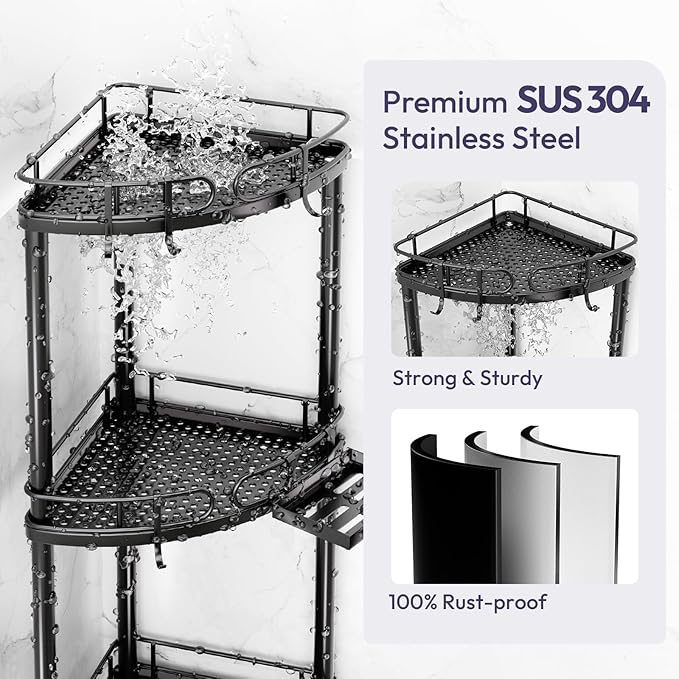 SWTYMIKI Corner Shower Caddy Standing - 3 Tier Rustproof Metal Shower Organizer Stand with Soap Holder and 4 Hooks, Freestanding Floor Shower Storage Stands for Bathroom, Black