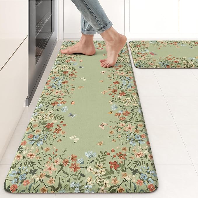 KIMODE Anti Fatigue Kitchen Mat for Floor, 17"x47"+17"x29" Butterfly Flower Kitchen Rugs Non Skid, Cushioned Padded Kitchen Floor Mat, Comfort Standing Mat for Laundry Office Sink Desk Sage Green