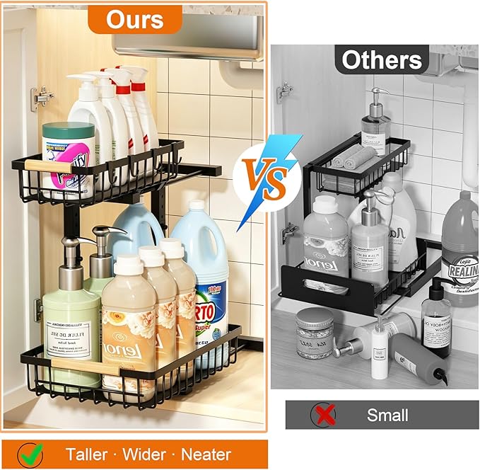 REALINN Under Sink Organizer, 2 Pack Height Adjustable Under Sink Organizers and Storage, 2 Tier Pull Out Drawer Cabinet Storage for Kitchen Bathroom