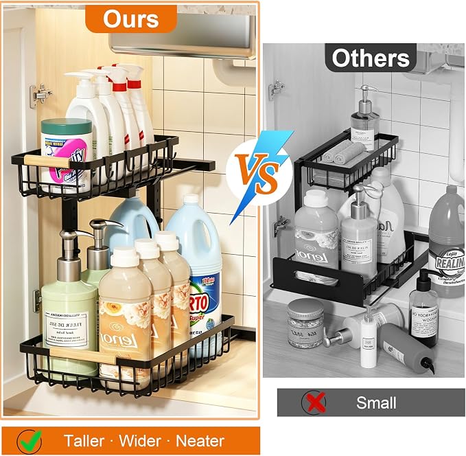REALINN Under Sink Organizer, Height Adjustable 2 Tier Pull Out Cabinet Storage, L-Shaped Drawer Organizer for Kitchen Sink Organizer, Bathroom Organizers and Storage, Smooth Sliding Rails, Black