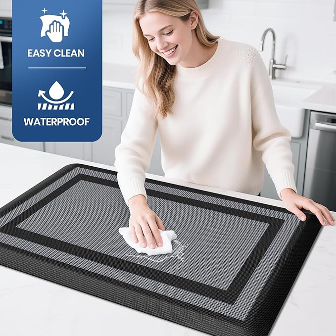 KitchenClouds [2 PCS] Kitchen Rugs Cushioned Anti-Fatigue Kitchen Mats for Floor Waterproof Kitchen Rug Set Non-Slip Comfort Standing Mat for Office, Sink, Laundry 20"×30"+20"×47",Black