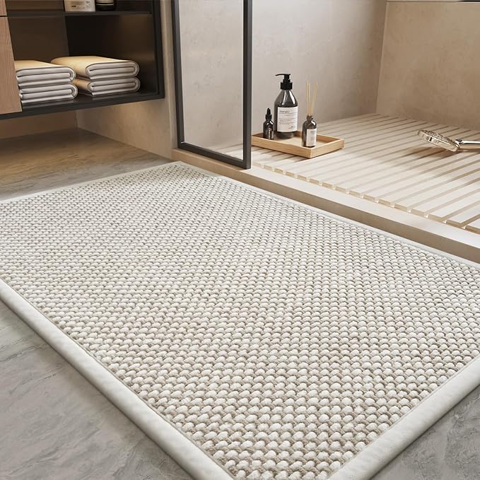 PADOOR-Bath Mat-Super Absorbent Chenille Bathroom Mats-Rubber Backed Bath Mats for Bathroom Non Slip, Easy Clean Bathroom Rugs Front of Bathtub,Shower Room,Sink-24×36, Beige&Cream