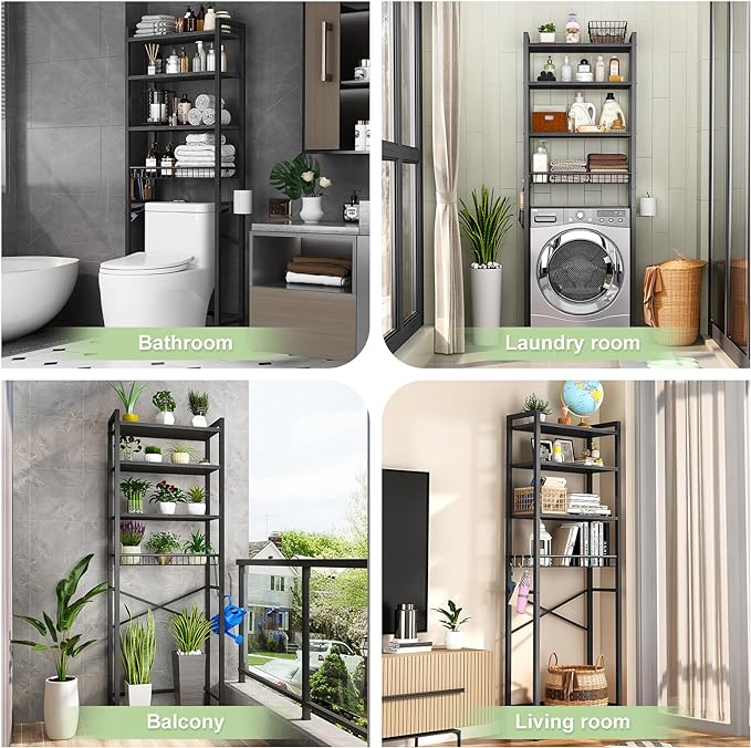 Kalrin Over-The-Toilet Storage Rack, 4-Tier Bathroom Organizer Shelf Over Toilet with Adjustable Shelf and Basket, Freestanding Space Saver Bathroom Shelves Above Toilet for Room (Pure Black)