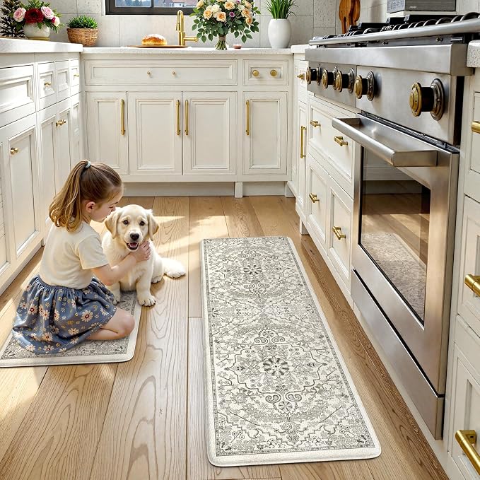 KIMODE Anti Fatigue Kitchen Mats, 2 PCS Cushioned Kitchen Rugs and Mats, Boho Kitchen Floor Mats Non Slip, Comfort Foam Standing Mat for Laundry, Office, Sink, Grey 17.3" x 59"+17.3" x 29"