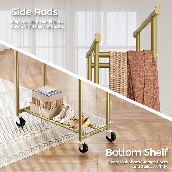 HYSEYY Clothes Rack, Double Rods Rolling Clothing Rack for Hanging Clothes, Portable Garment Rack with Wheels, Coat Rack Wardrobe Closet Load 240 LBS for Bedroom Laundry Room (Glod, L)