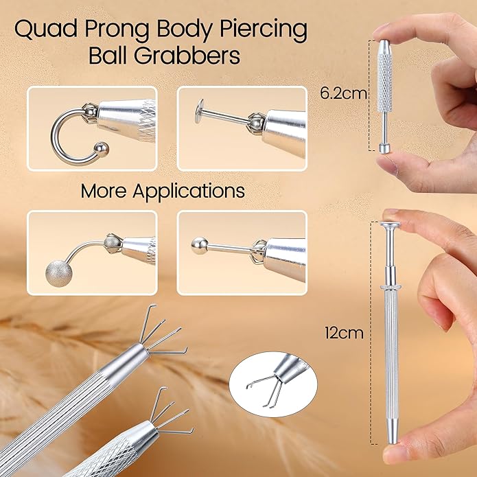 GEMQUEEN Piercing Taper Ball Grabber Tool for Changing Jewelry - 14G 16G 18G 20G Stainless Steel Flat Back Earrings Applicator Tool Threadless Insertion Pin Thread Body Piercing Kit for Ear Nose Lip