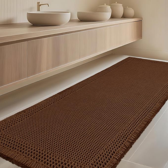 Extra Large Waffle Bath Mat, Boho Woven Modern Bath Rug Absorbent Non Slip, Ultra Soft Bathroom Mats, Machine Washable Knit Bath Rugs with Border for Bathroom, Bedroom, Kitchen, Shower, 6'x2', Brown