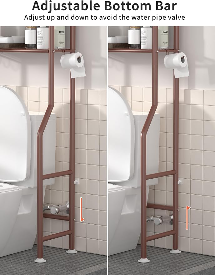 Livilord 3-Tier Over The Toilet Storage, Freestanding Metal Bathroom Shelves with 4 Hooks, Over Toilet Storage Shelf with Paper Holder, Above The Toilet Shelf for Bathroom Storage, Bronze