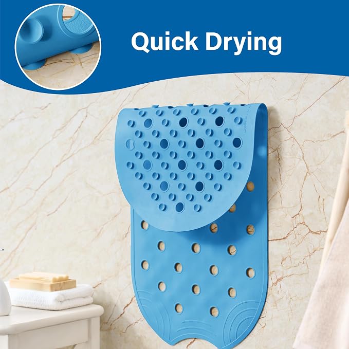 Rubber Bathtub Mat Shower Mat Non-Slip, 31x14 Inch, Bath Tub Floor Mat with Suction Cups and Drainage Holes, Blue