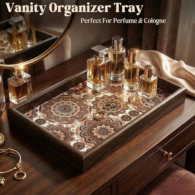 Wooden Valet Tray with Leather Base - Nightstand Catchall Organizer for Cologne, Perfume, Keys, Wallet, Phone, Watch, Jewelry & Sunglasses (Bohemian)