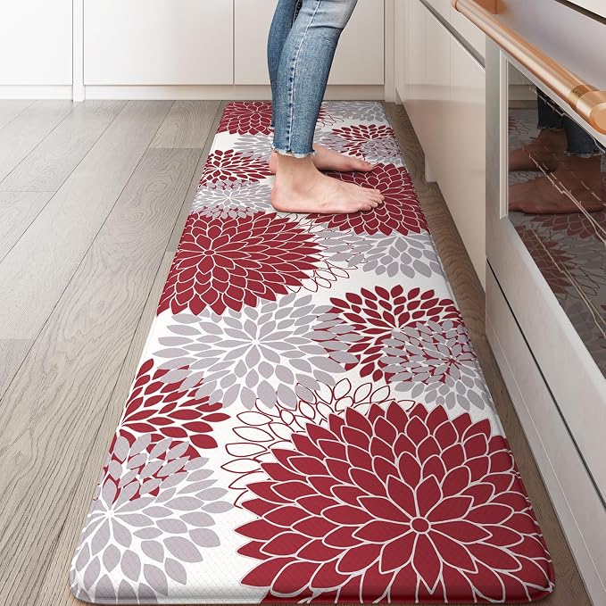 KIMODE Anti Fatigue Kitchen Mat, Cushioned Dahlia Floral Kitchen Runner, Non Slip Memory Foam Kitchen Mat for Floor, Waterproof Standing Desk Mat for Laundry, Office, Sink Red and Grey 17.3"x59"