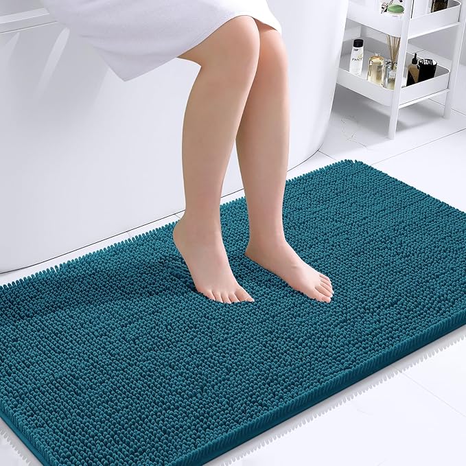 OLANLY Large Bathroom Rugs 40x24, Extra Soft Absorbent Chenille Bath Rugs, Rubber Backing Quick Dry, Machine Washable Bath Mats for Bathroom Floor, Tub and Shower, Home Decor Accessories, Peacock Blue