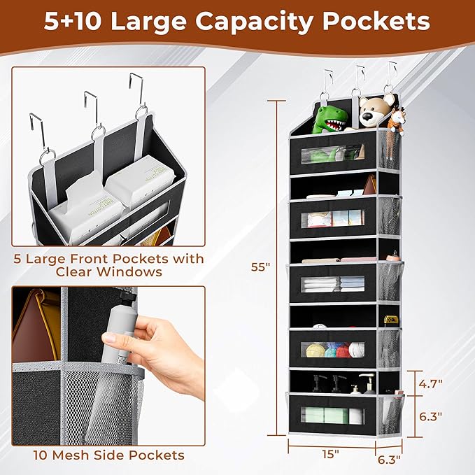 2 Pcak 5 Tier Over The Door Organizer - Large Capacity Behind Door Hanging Shelves with 10 Mesh Pockets and Clear Windows, Closet Organizers and Storage for Bathroom, Bedroom, Nursery, Black