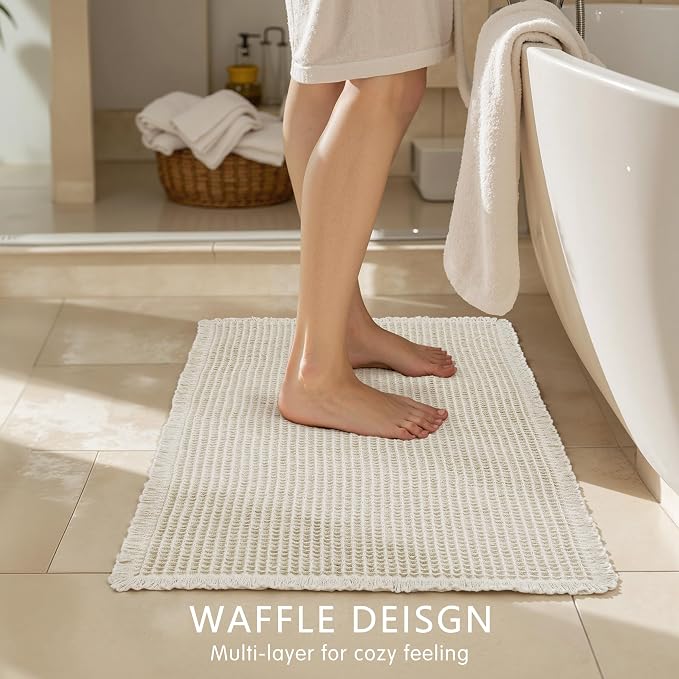 SUBRTEX Waffle Braided Bath Mat, 16" x 24" Soft Waffle Bath Rugs, Absorbent Non Slip Bathrooom Mats, Machine Washable Area Rug for Bathroom, Quick Dry, Off White