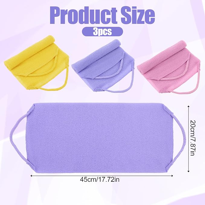 3 Pcs Exfoliating Washcloth with Handles, Double-Sided Back Scrubber Washer for Shower Body Scrub Towel Stretchable Back Washer Shower Towel for Women Bath Showers Exfoliation