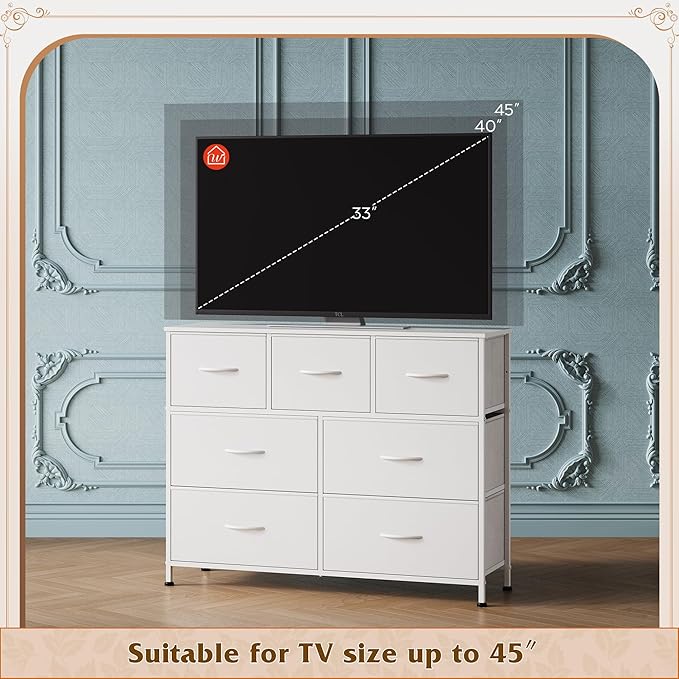 WLIVE 7 Drawer Dresser TV Stand, Dressers for Bedroom, Fabric Storage Tower, Hallway, Entryway, Closets, Sturdy Steel Frame, Wood Top, Easy Pull Handle, White
