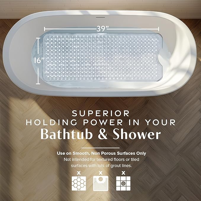SlipX Solutions Power Grip Bathtub Safety Mat | Precision Grip Technology for Longer, Stronger, & Softer Wet Surface Protection | Transparent 39"x16"
