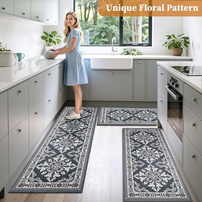 3-Piece Kitchen Rugs, Non-Slip & Washable Floor Mats, Water-Absorbent Area Pad, Standing Desk Mat for Office, Home, Doorway, Laundry, Kitchen Accessories (Grey)