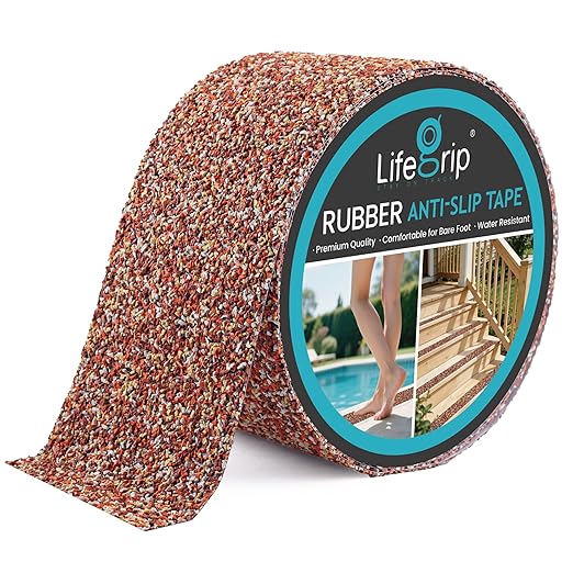 LifeGrip Rubber Anti Slip Tape, Waterproof Grip Tape for Pool, 4 Inch x 38 Foot Non Slip Safety Tape for Stairs, Outdoor, Shower, Wooden Stairs, Textured Comfortable for Bare Foot, Brown