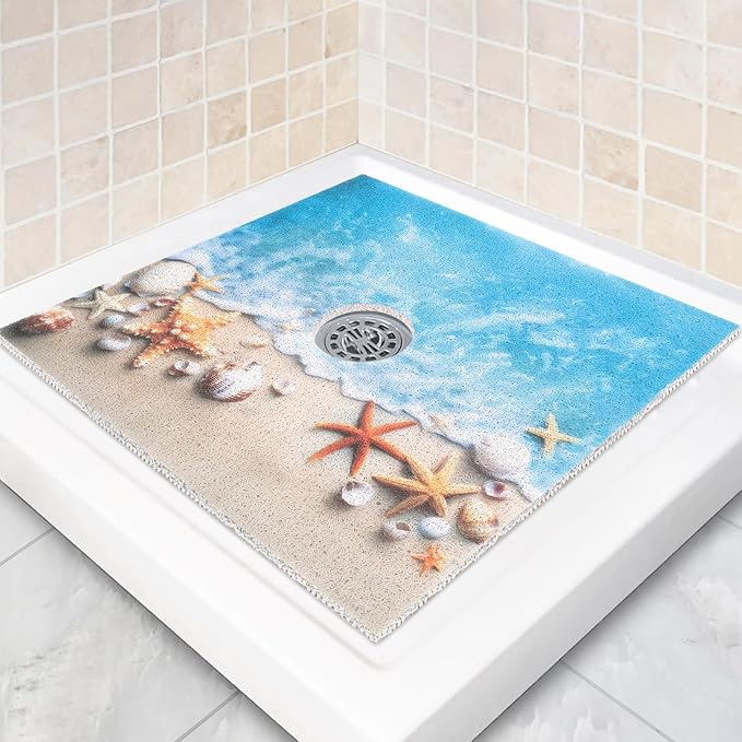 Square Shower Mat Non Slip: 27 x 27 Inch Extra Large Shower Mats with Drain Hole in Middle - PVC Loofah Anti Slip Shower Floor Matt for Inside Shower