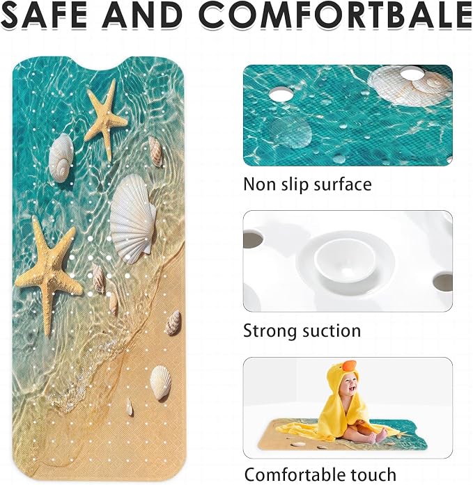Starfish Seashell Summer Bath Mat Non Slip, Beach Ocean 40 X 16 Inch Extra Long Bathtub Shower Mat for Tub Anti Slip with Suction Cups and Drain Holes for Kids Adults Elderly