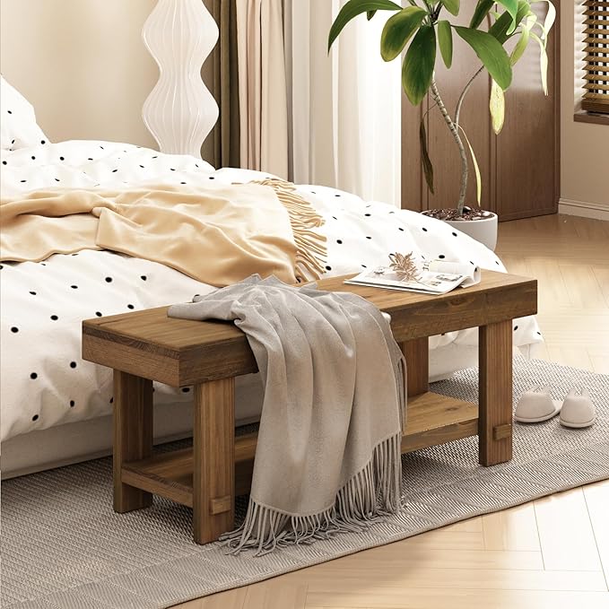 HOKYHOKY Solid Wood Entryway Bench - 42.6" Farmhouse Long Storage Benches, Narrow Bench Seat for Indoor, Entryway, Dining Room, Living Room, Bedroom and Hallway, Rustic Natural