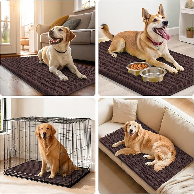 Smiry Dog Door Mat for Muddy Paws 47x24, Absorbent Dirt Trapper, Non-Slip Washable Chenille Entryway Rug for Inside Floor, Brown, Layered Pattern